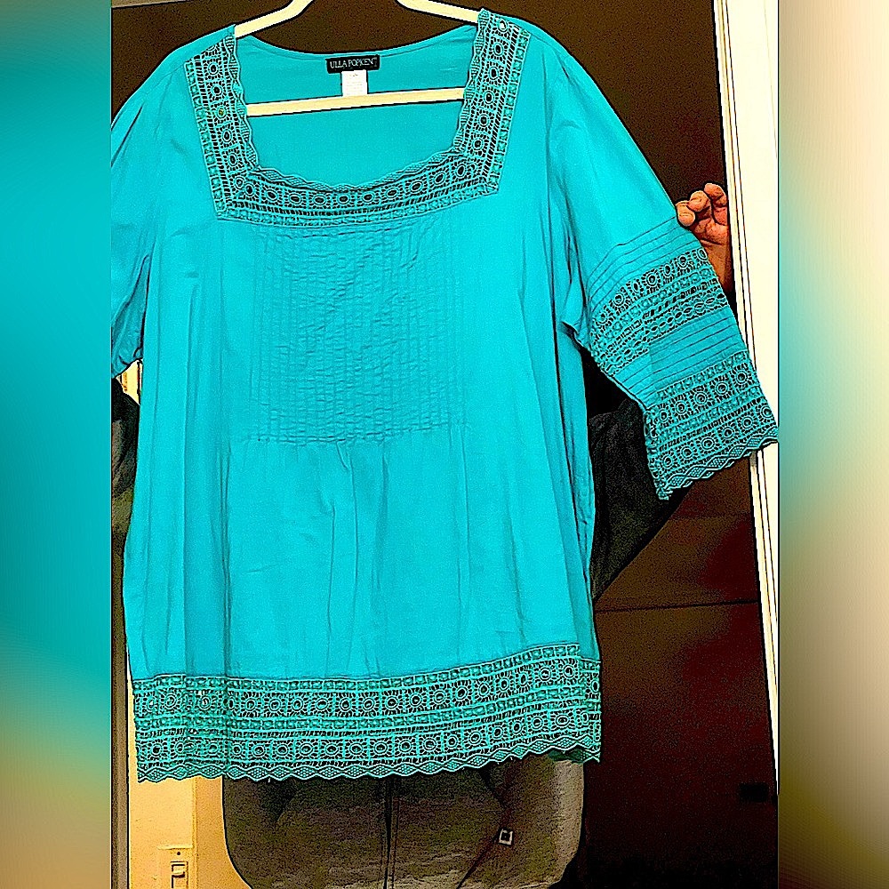 Ulla Popken blouse tunic top vintage crochet lacy cotton three-quarter sleeve